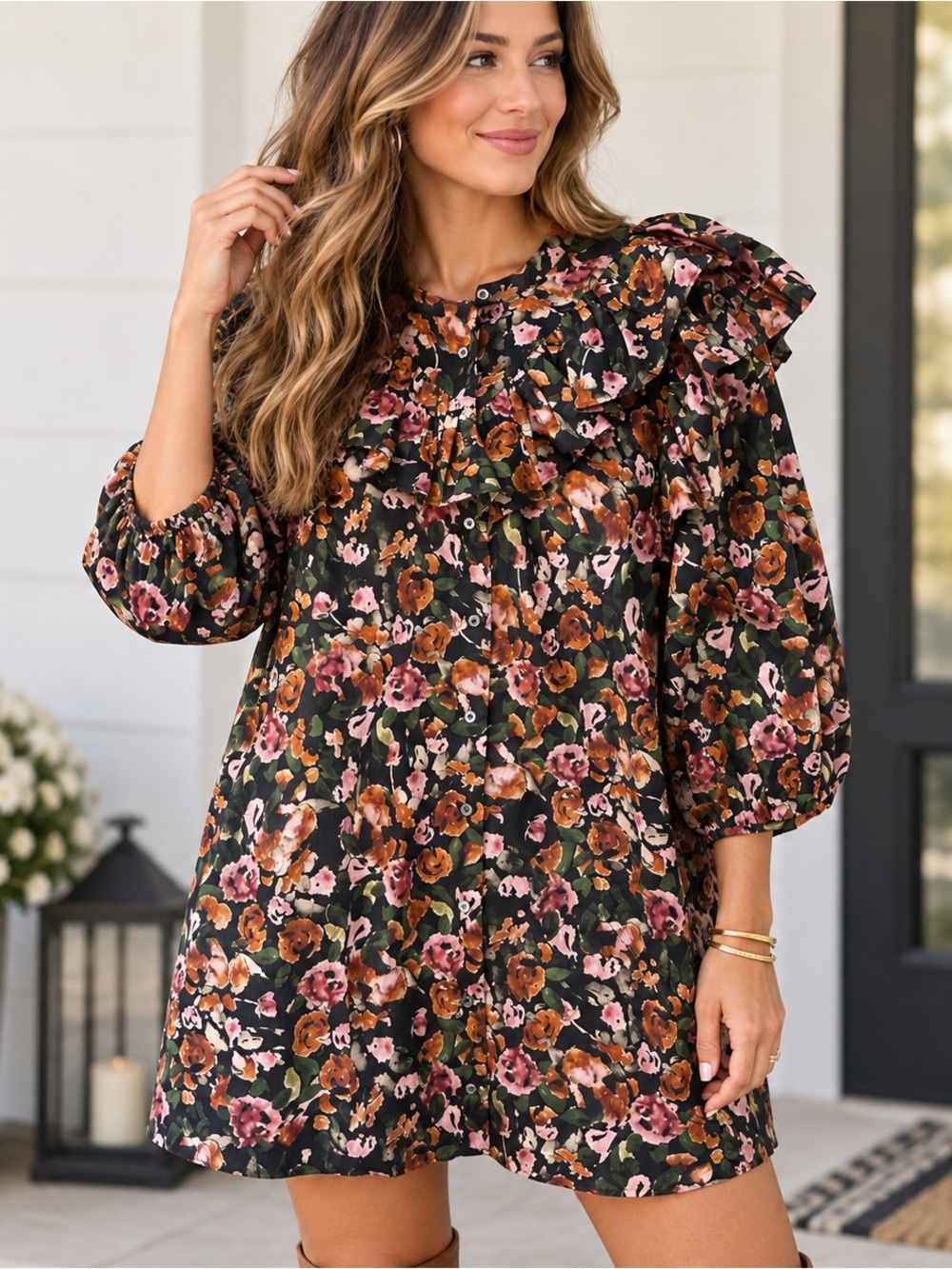 Something Navy Black Floral Ruffle-Yoke Mini Dress